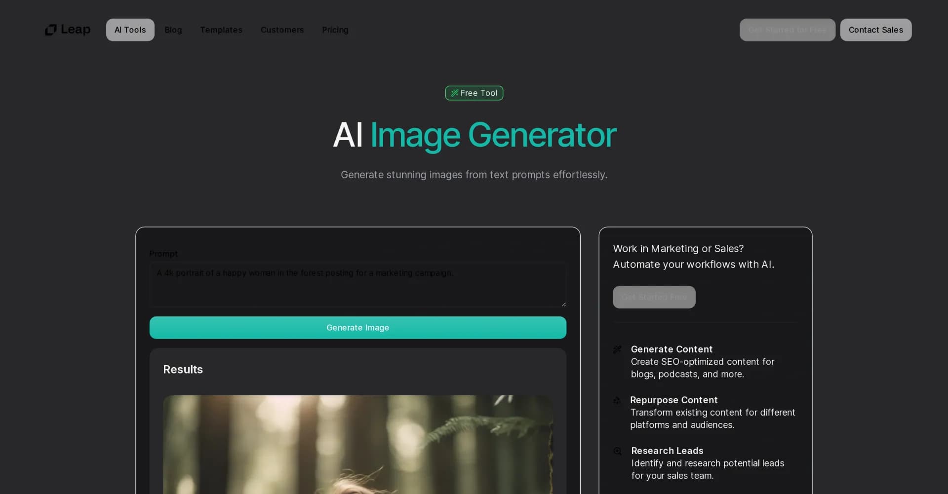 Image Generator by Leap homepage screenshot — Generate stunning images from text prompts effortlessly.