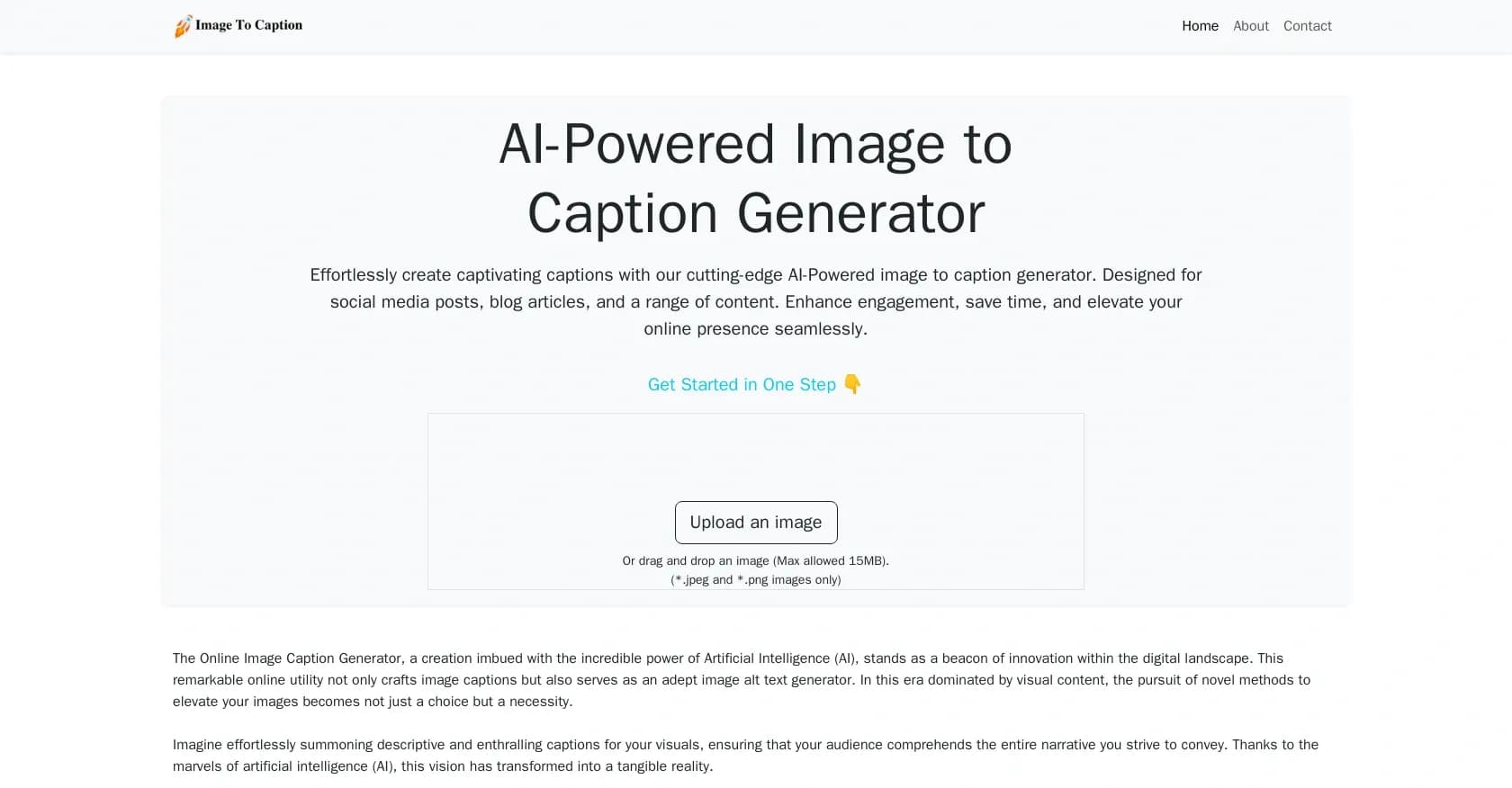 Image to caption homepage screenshot — Create captivating captions with AI