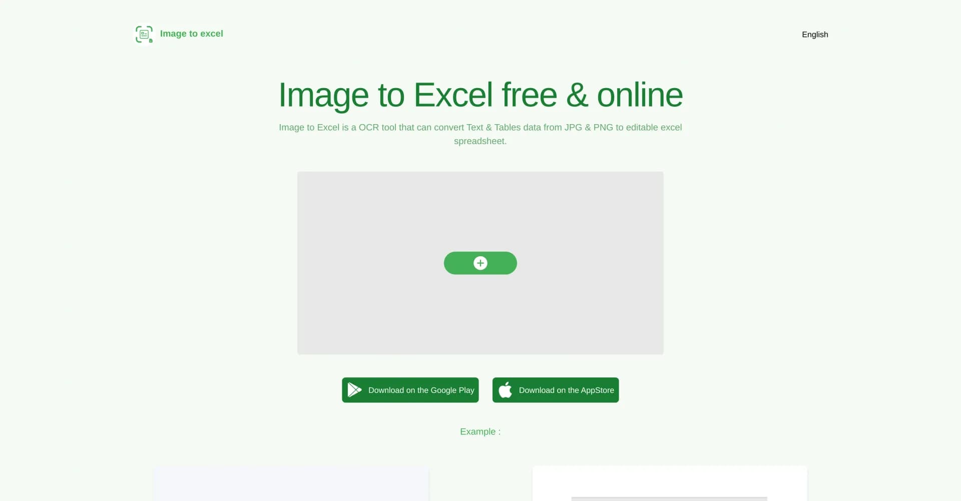 Image to Excel homepage screenshot — Convert images to editable Excel spreadsheets instantly.