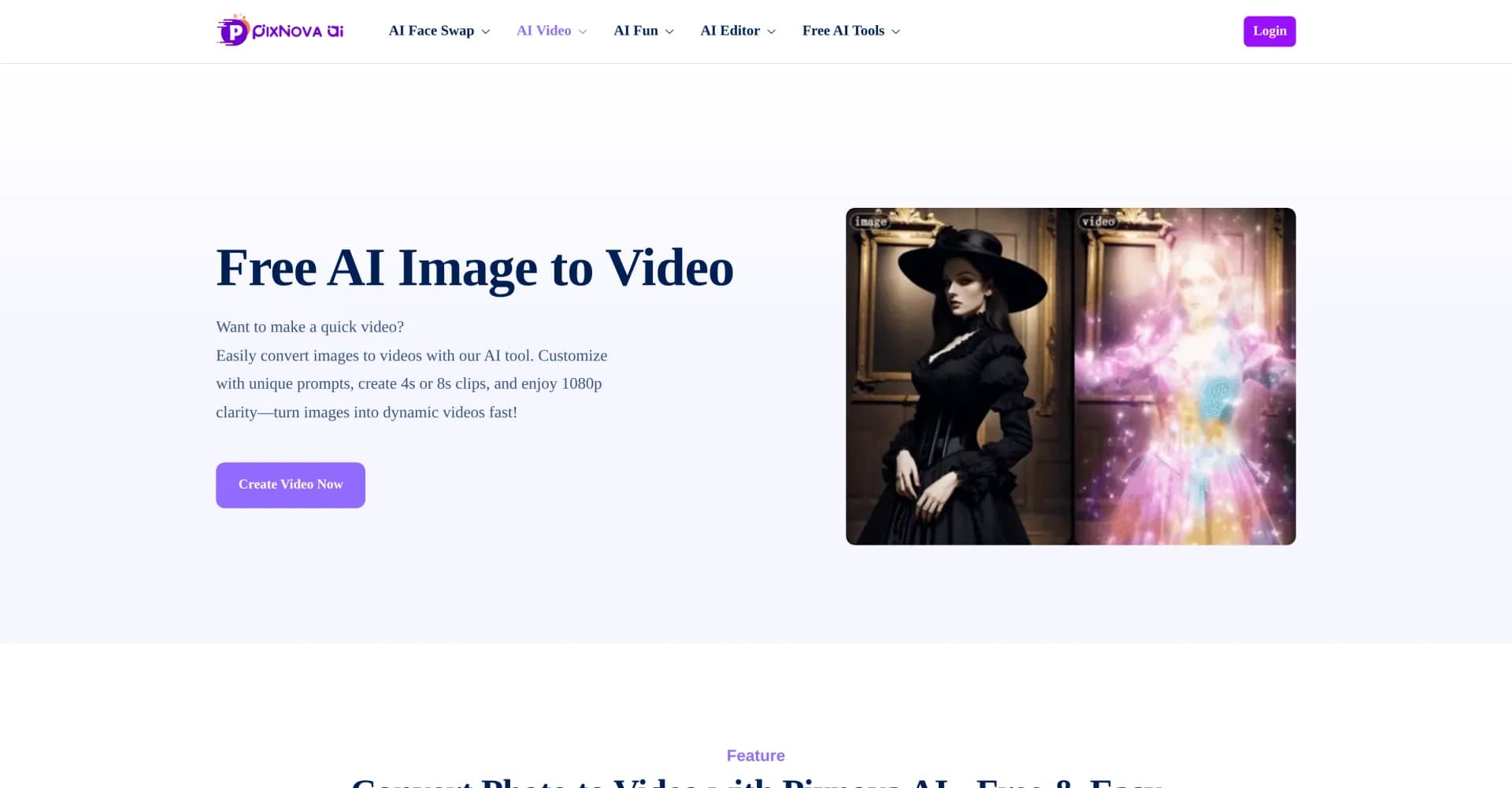 Image to Video by PixNova homepage screenshot — Turn images into videos with one click.