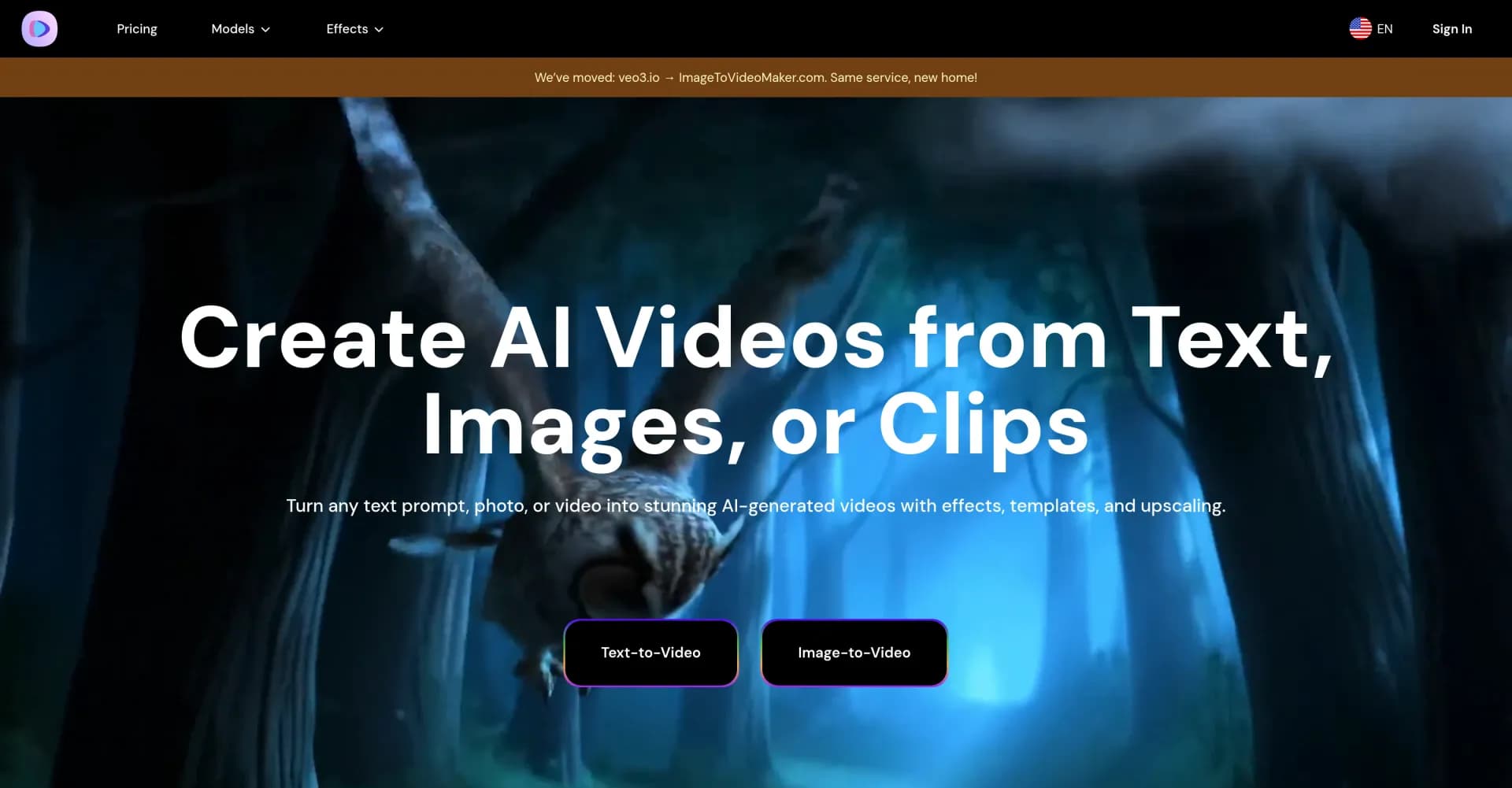 Image-to-Video Maker homepage screenshot — Create AI videos from text, images, or clips instantly.