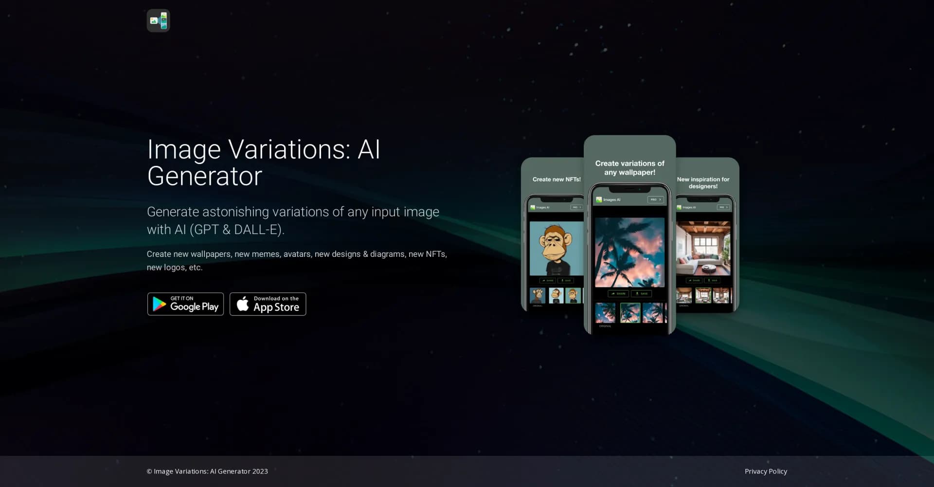 Image Variations: AI Generator homepage screenshot — Generate AI variations of any image.
