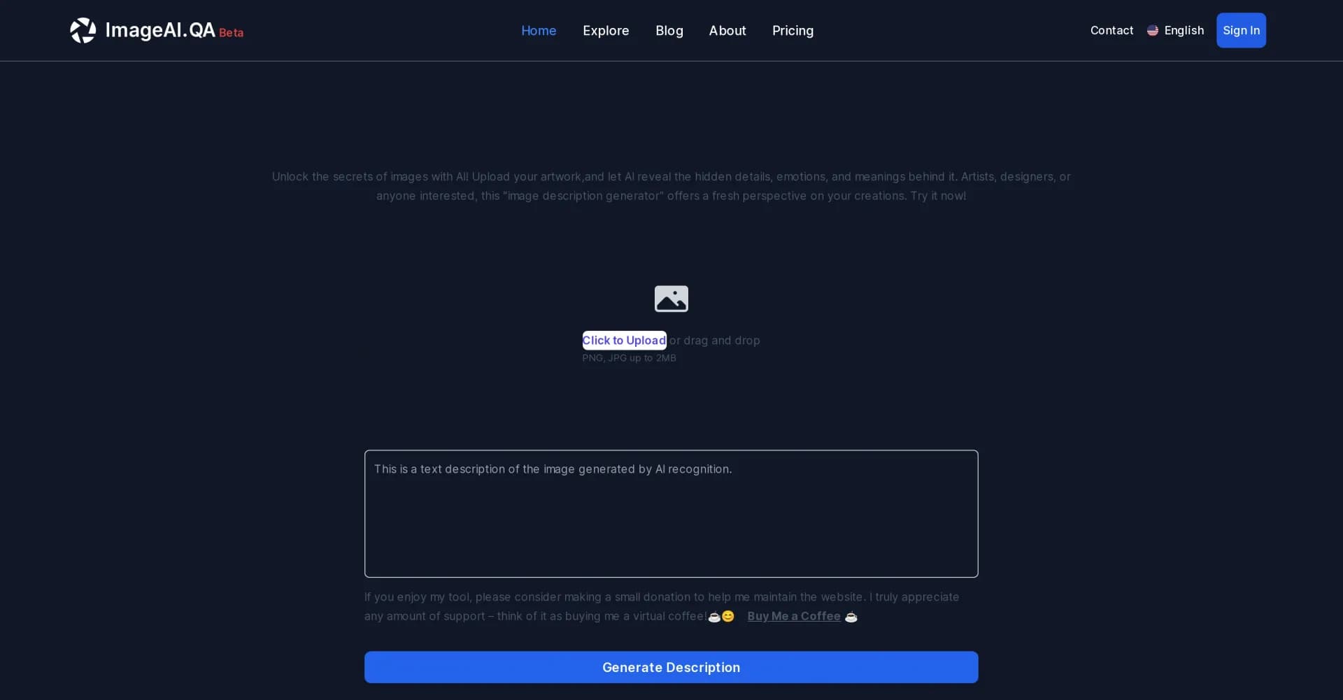ImageAI homepage screenshot — Unlock image secrets with AI description generator.