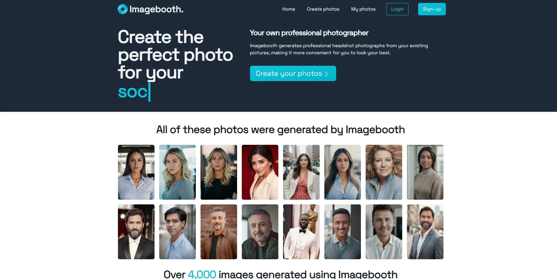Imagebooth homepage screenshot — Your professional AI photographer