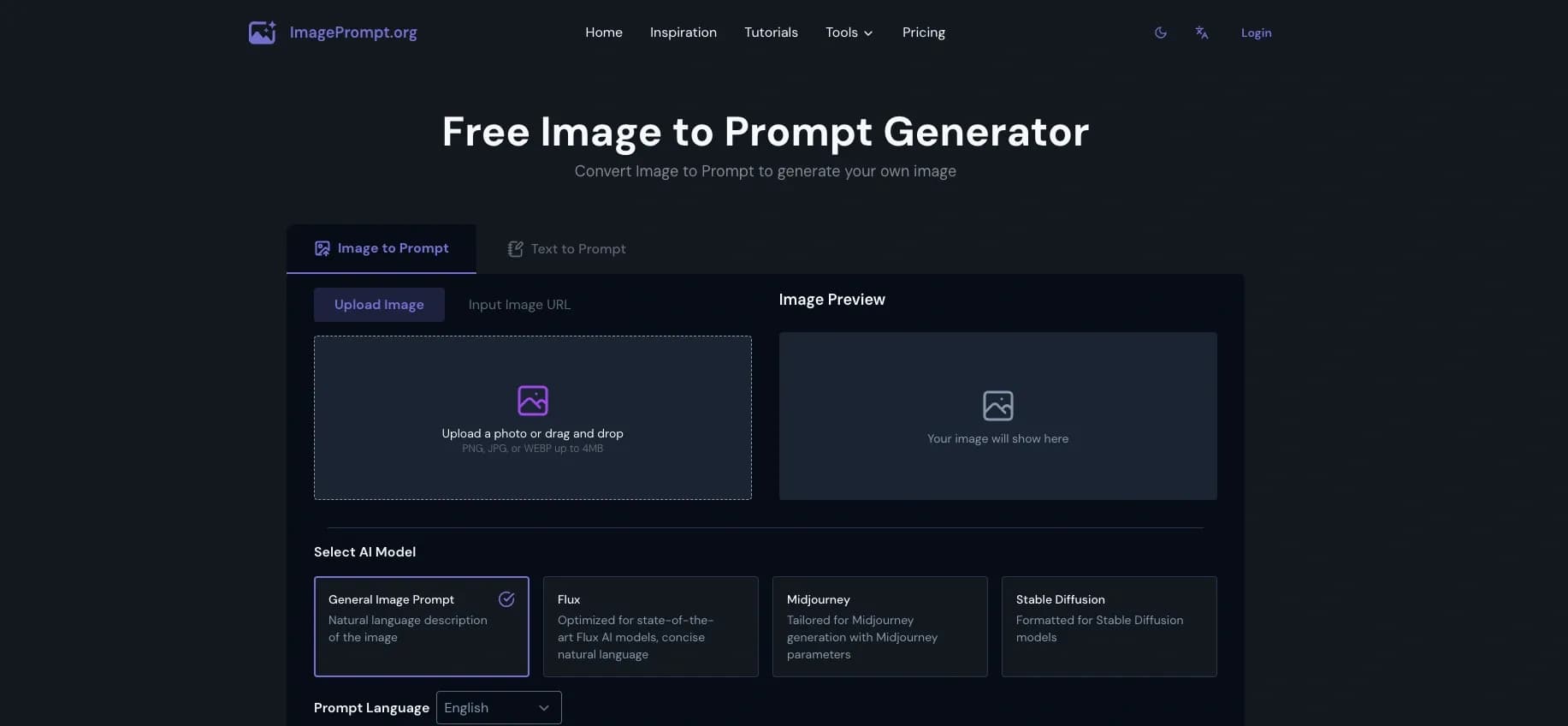 Image to Prompt Generator homepage screenshot — Convert images to prompts for AI art generation.