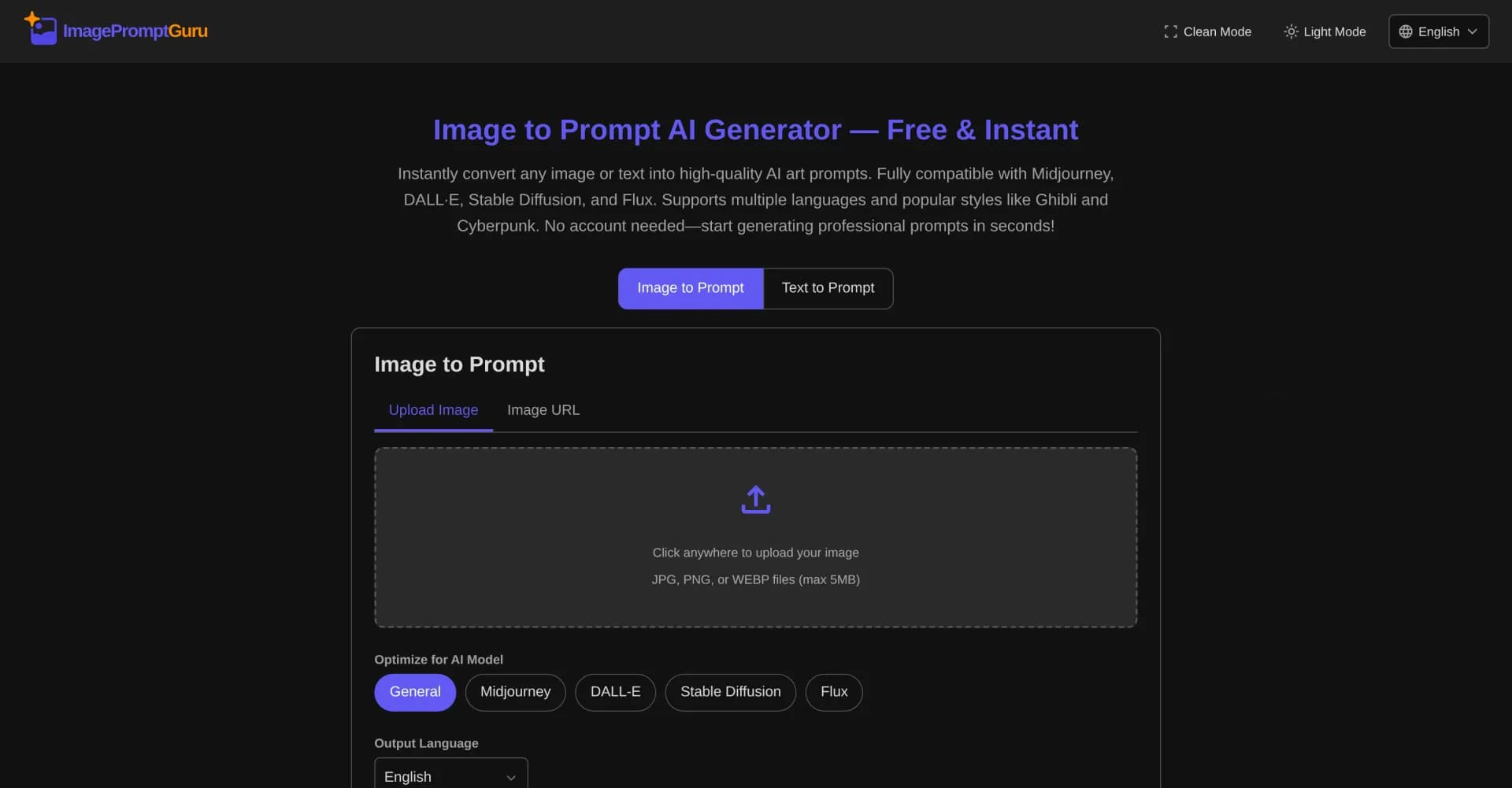 ImagePromptGuru homepage screenshot — Convert images into high-quality AI art prompts instantly.