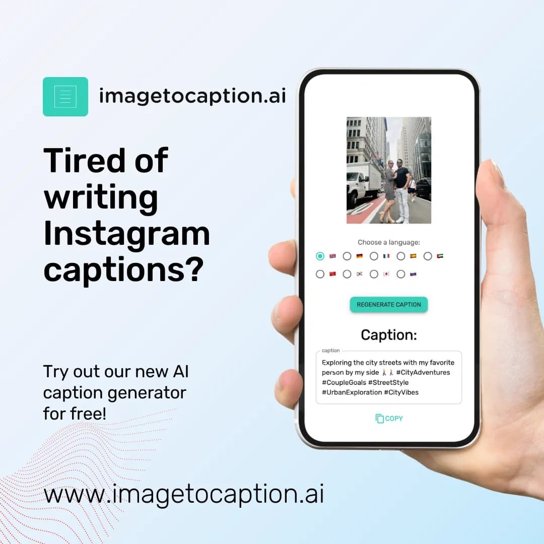 Imagetocaption.aiv2.0 homepage screenshot — Generated captions for social media images