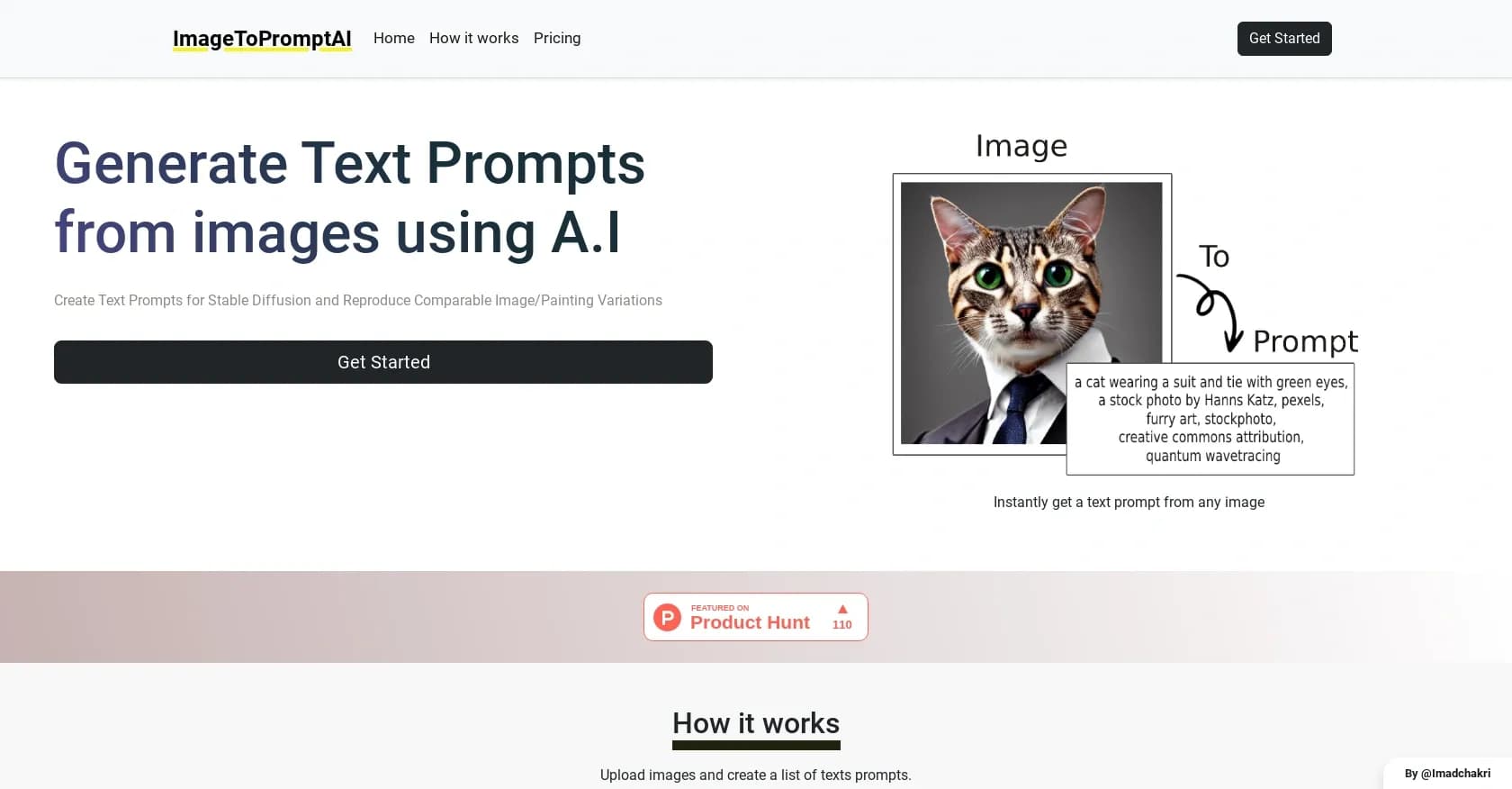 ImageToPromptAI homepage screenshot — Generate text prompts from images using AI