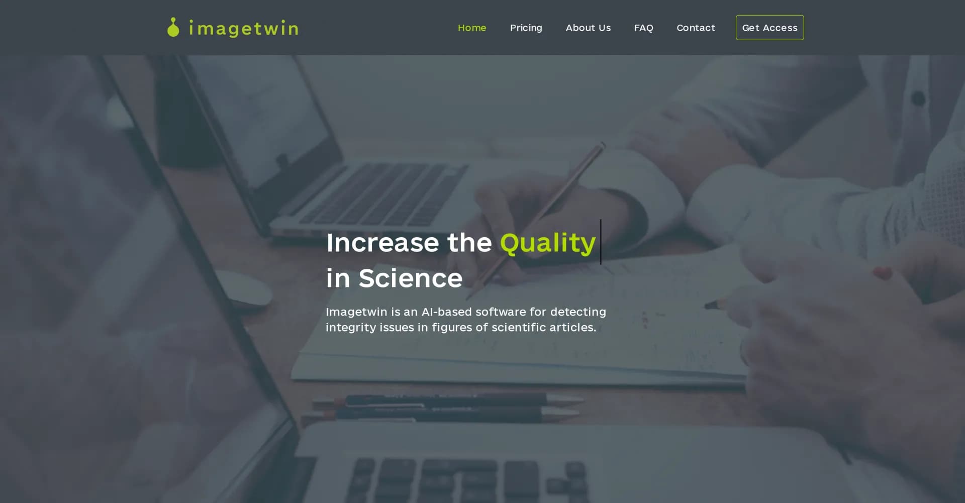 ImageTwin homepage screenshot — AI-powered guardian of scientific image integrity