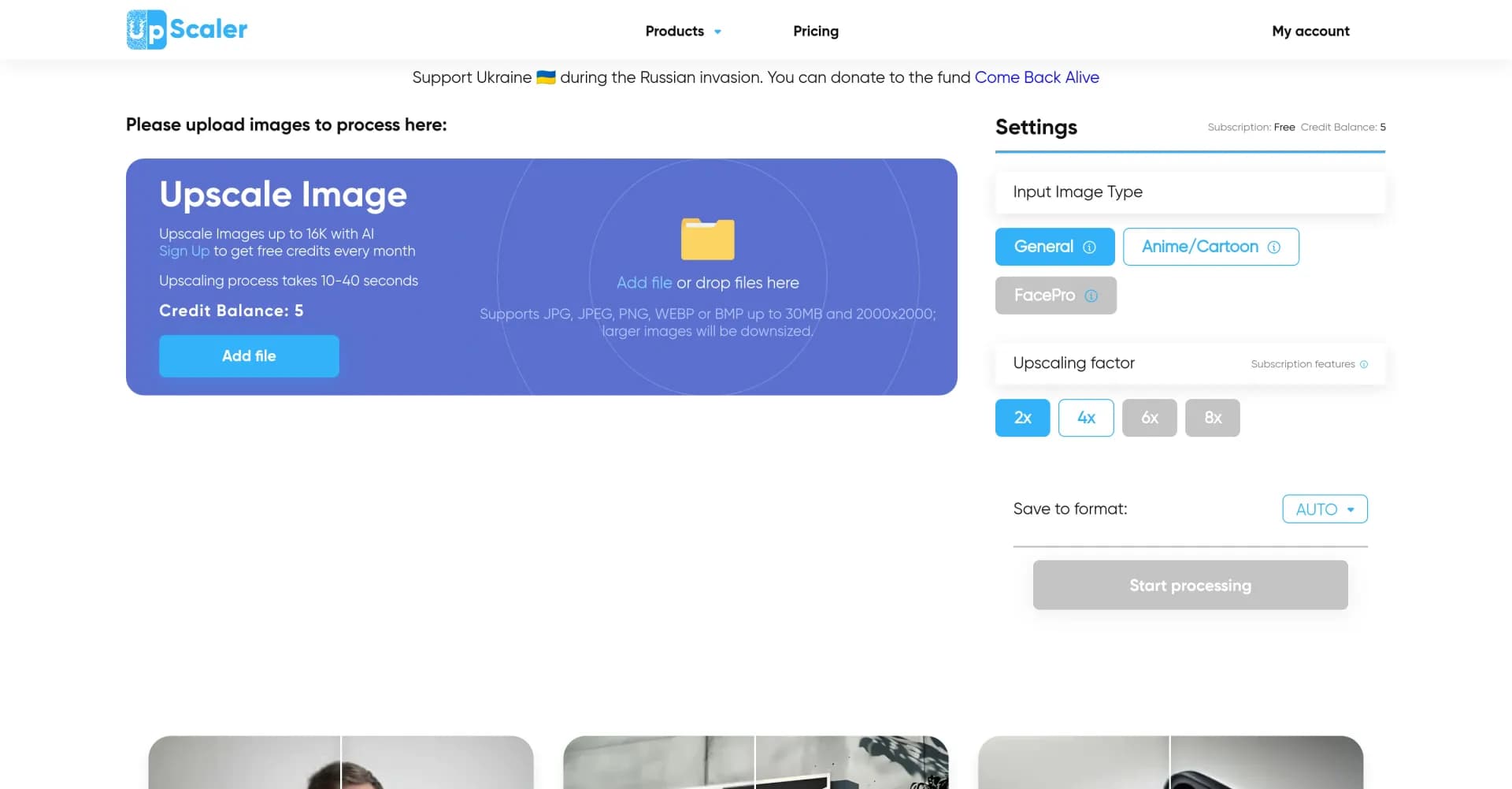 ImageUpscaler homepage screenshot — Enlarge images with AI, no quality loss.
