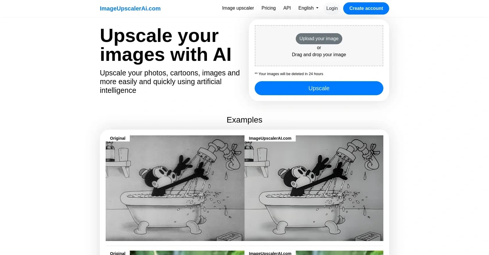 ImageUpscalerAi homepage screenshot — Free AI image upscaler for photos and more.
