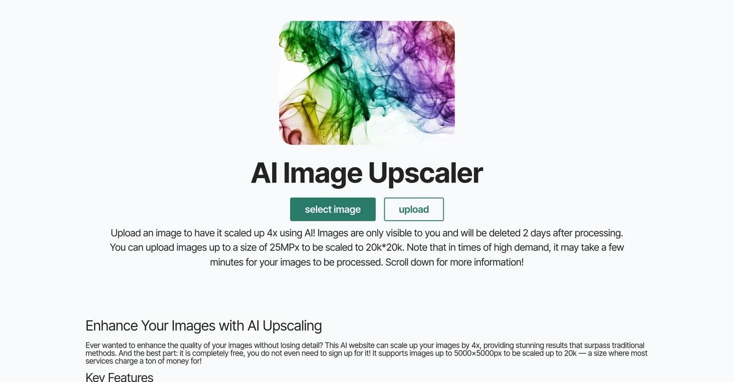 ImageUpscaling.net homepage screenshot — Upscale images by 400% with AI, for free.