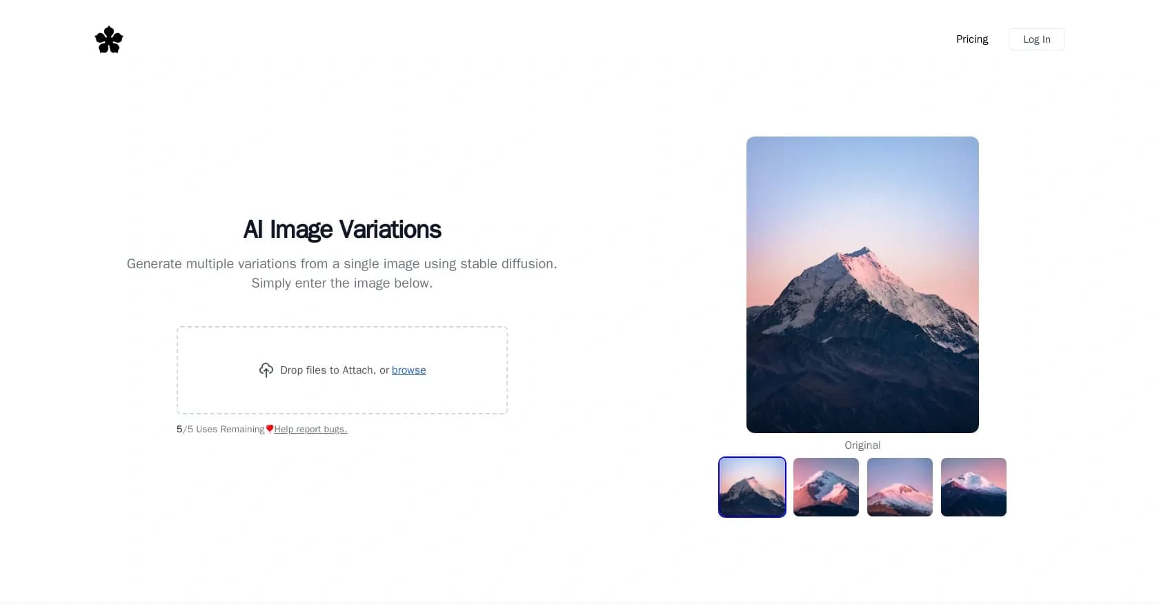 Imagevariations homepage screenshot — Generate endless image variations from a single input.