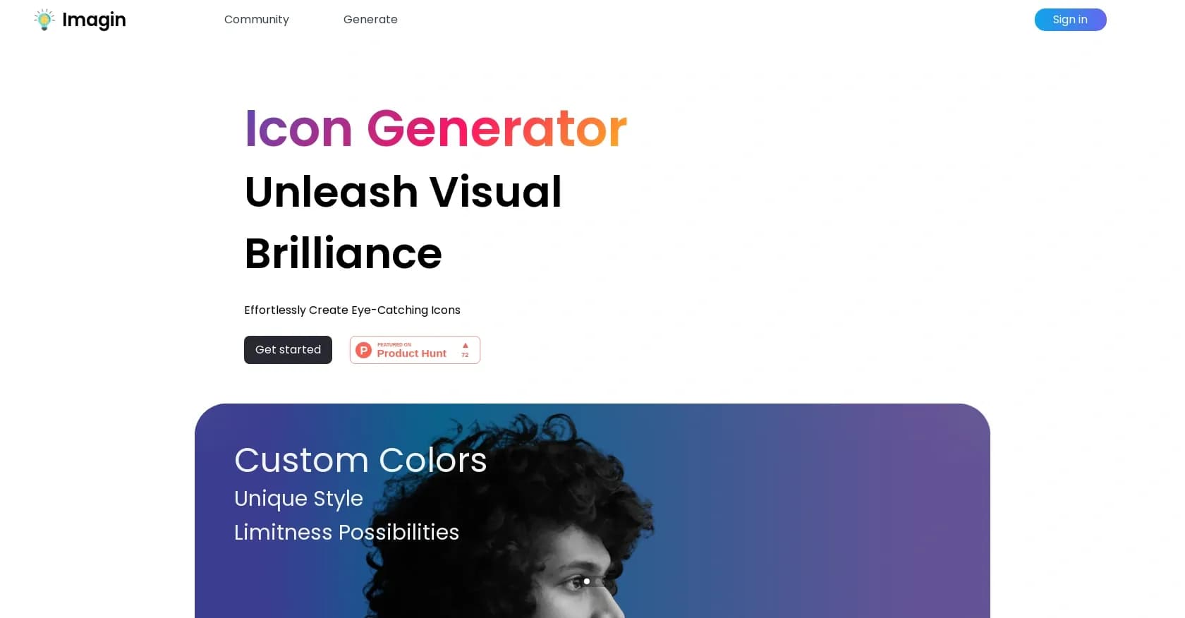 Imagin World homepage screenshot — Generate custom icons effortlessly with AI