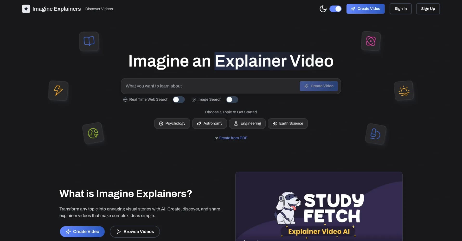Imagine Explainersv2 homepage screenshot — Create AI-powered explainer videos in minutes.