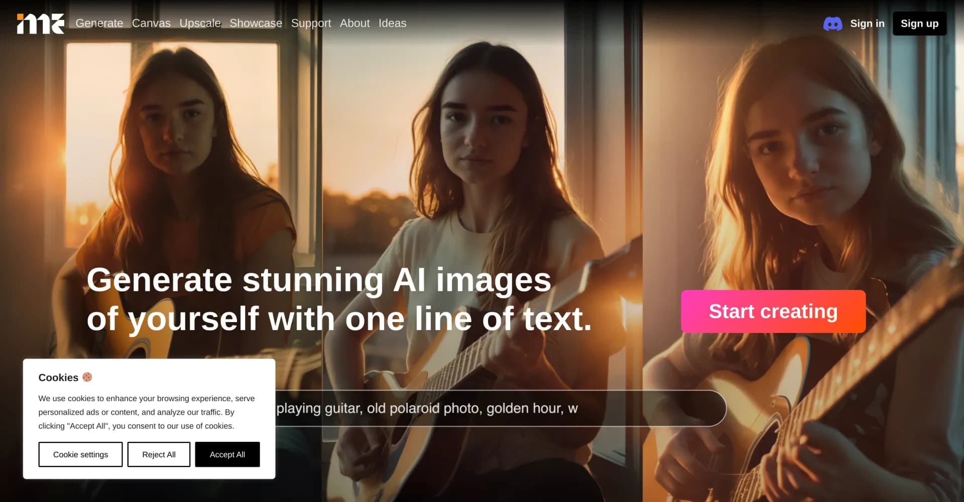 ImagineMe - Personal AI Art Generator homepage screenshot — Create stunning AI art of yourself with text.