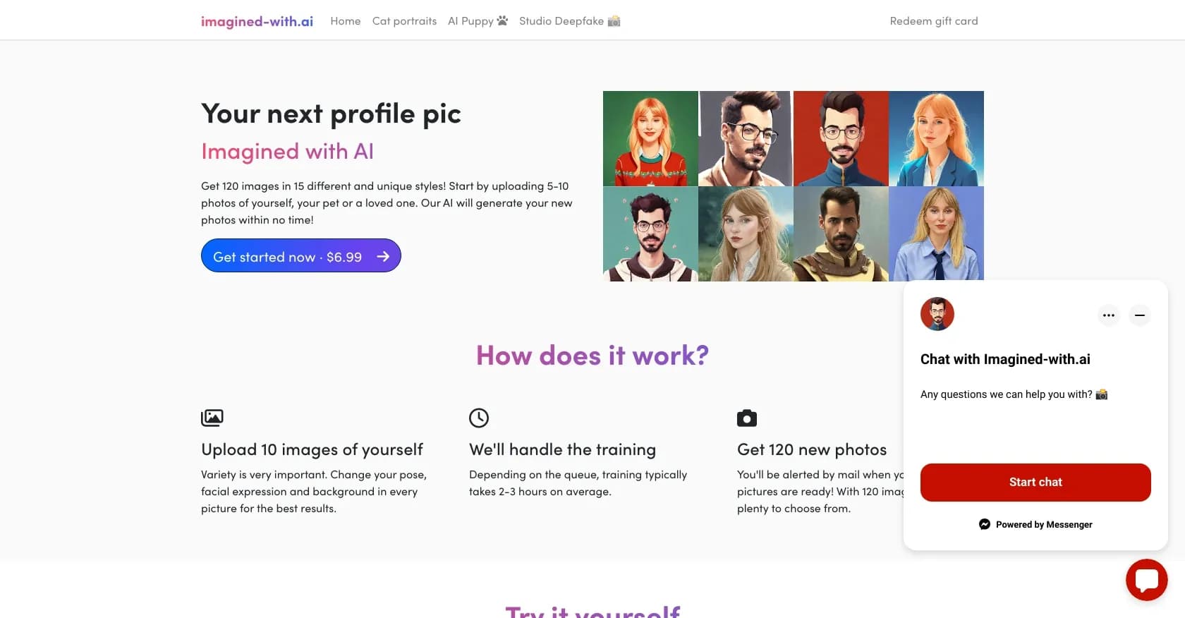 Imagined with AI homepage screenshot — Create AI-generated profile pictures in unique styles