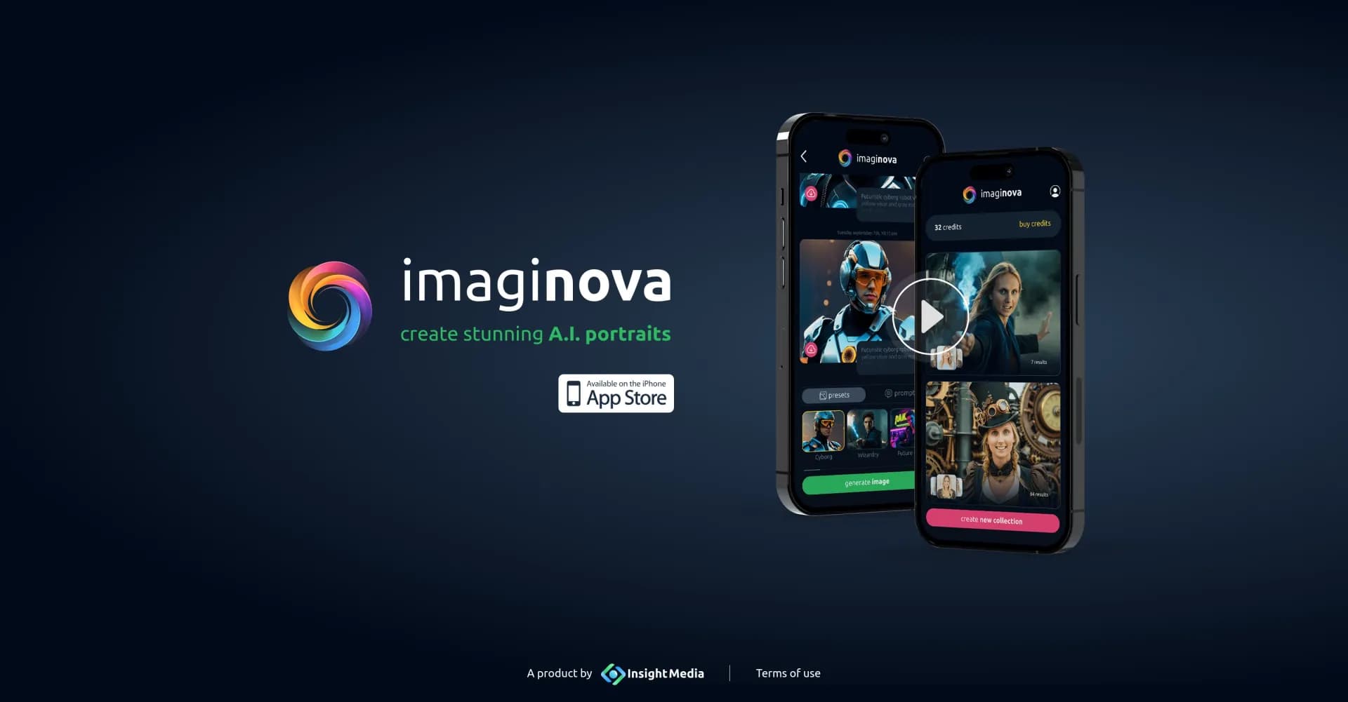Imaginova homepage screenshot — Turn selfies into stunning AI portraits.