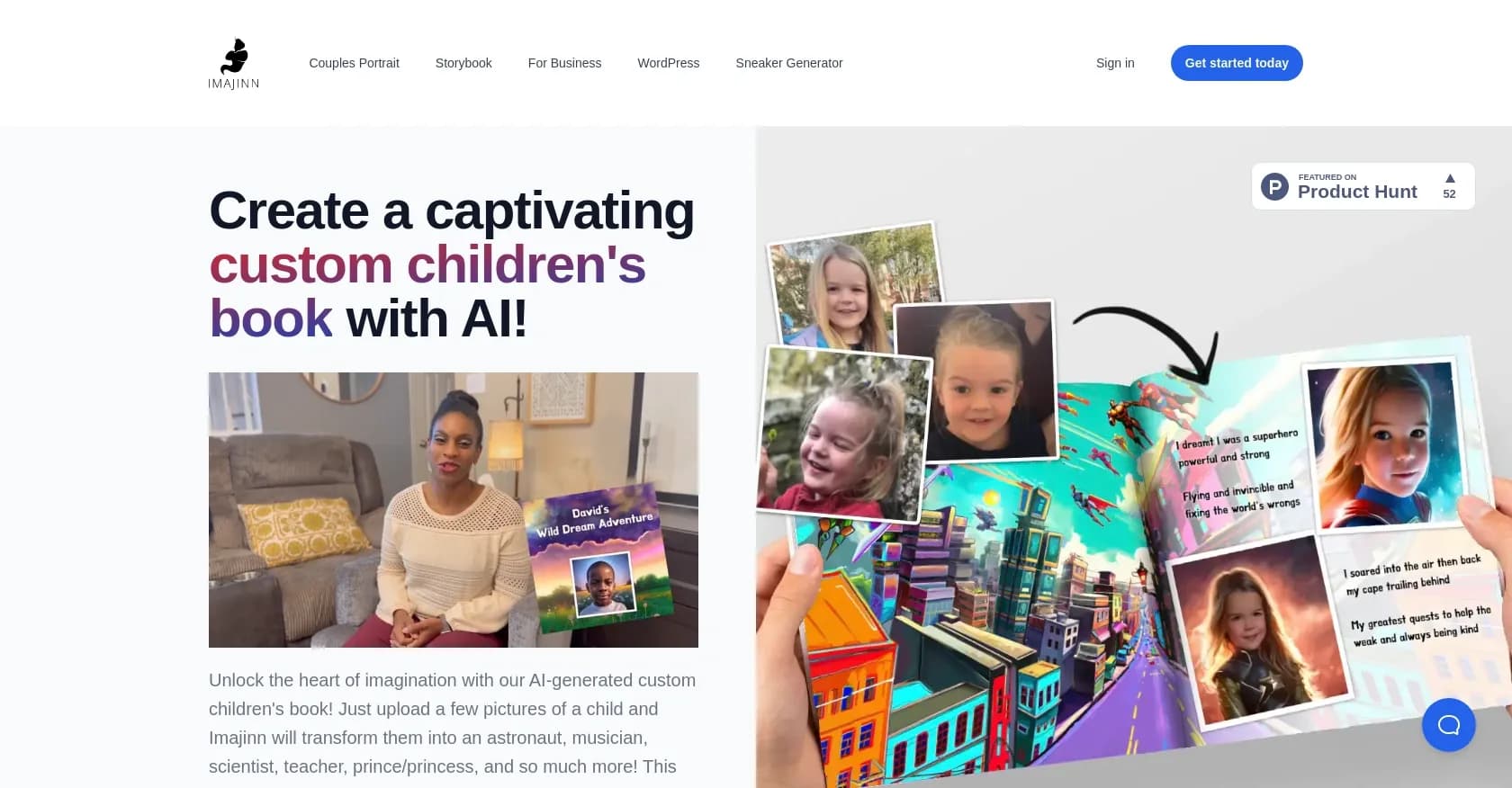 Imajinn AI Children's Book homepage screenshot — Create custom children's books with AI-generated images.