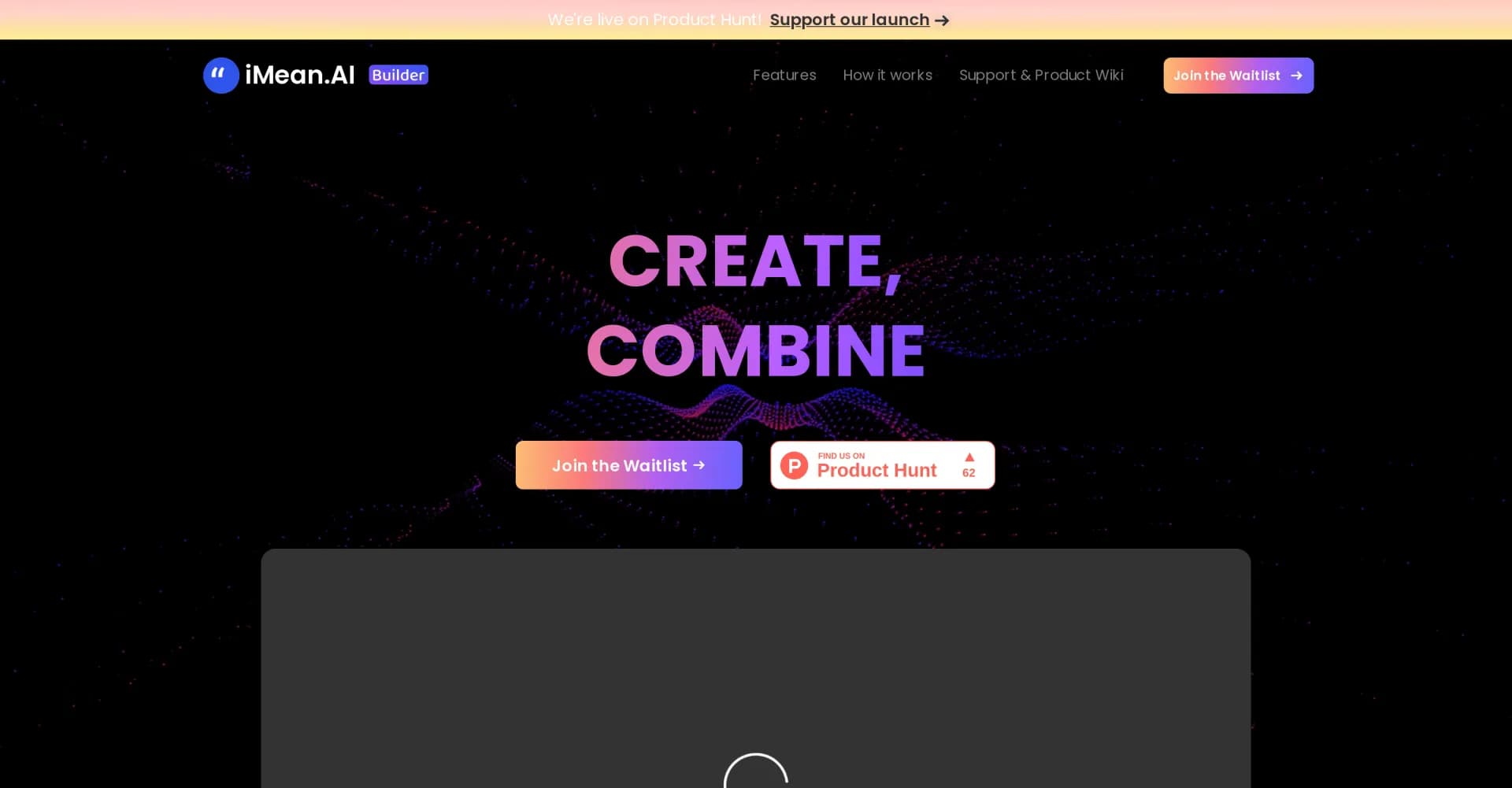 iMean AI Builder homepage screenshot — Create custom AI workflows from your actions.