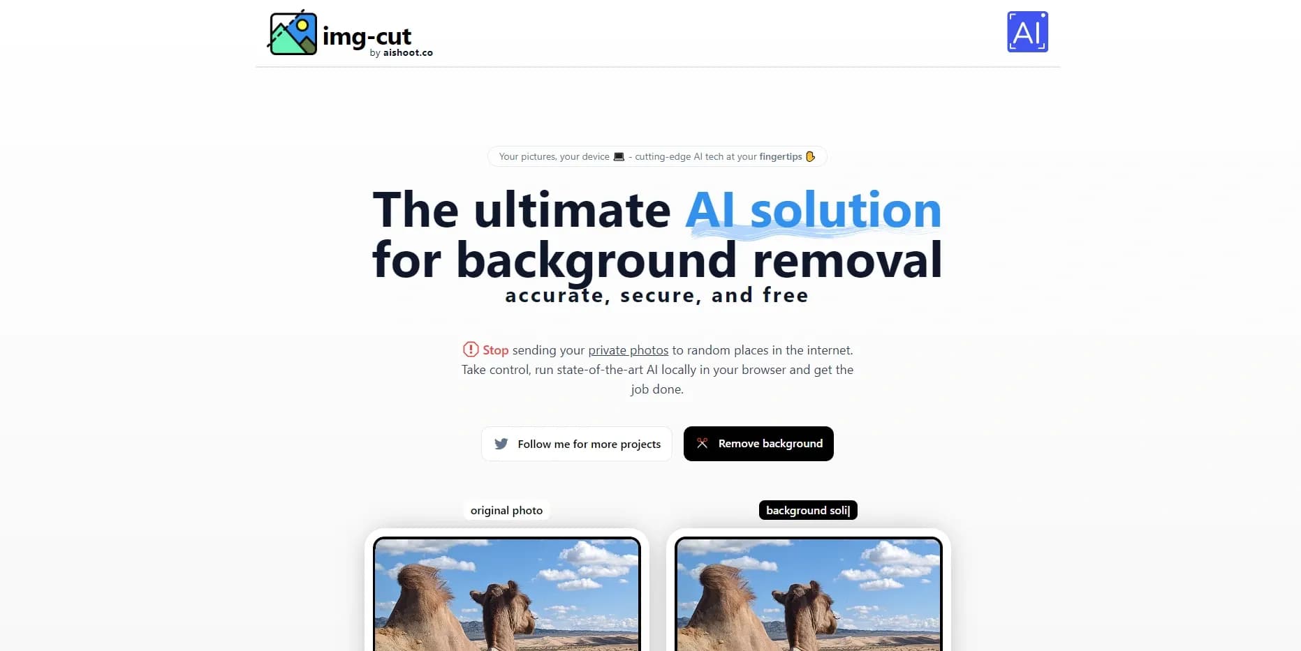 Img-Cut homepage screenshot — Remove backgrounds using AI in your browser securely.