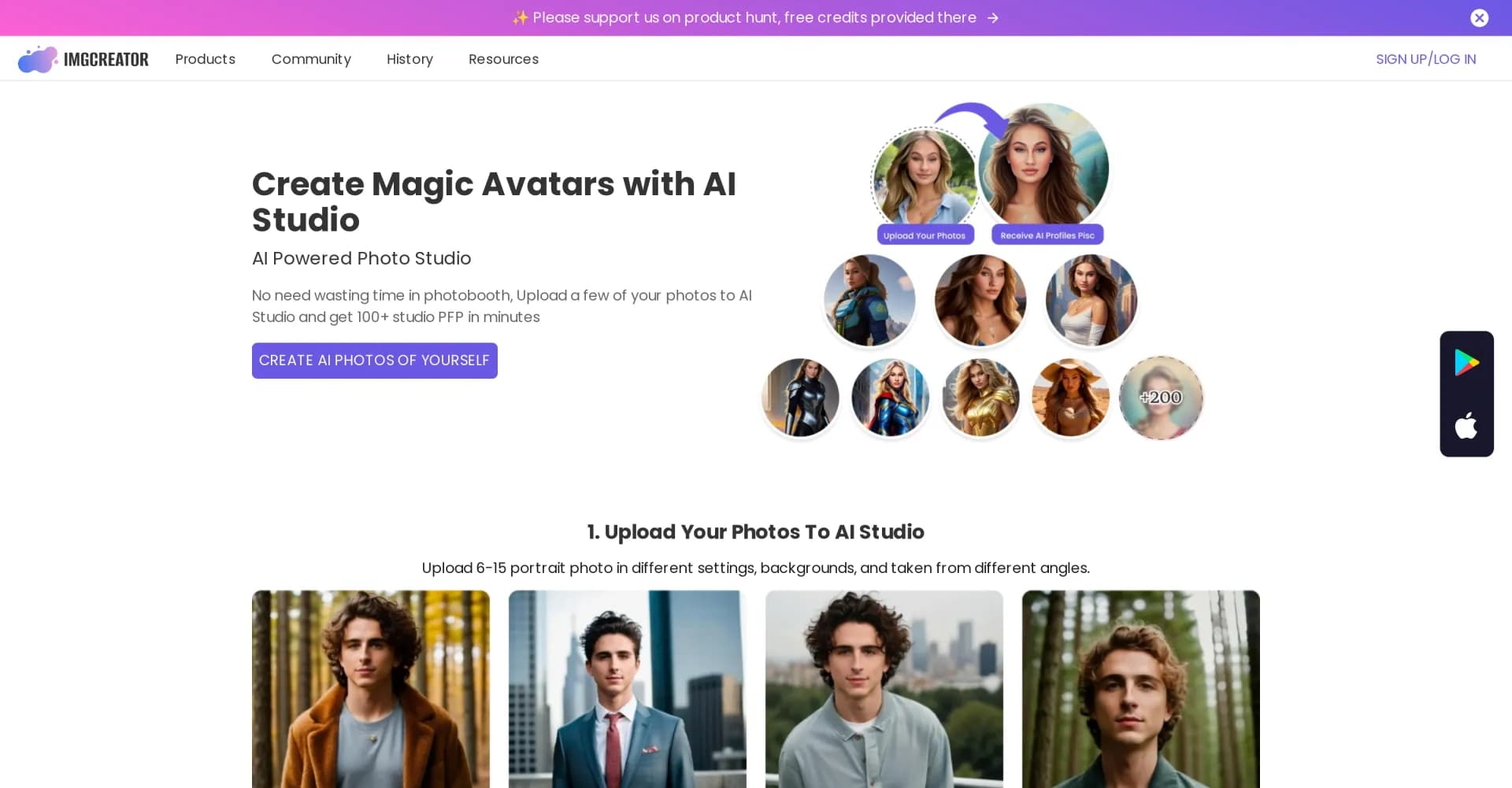 ImgCreator AI Studio homepage screenshot — Create art and images with AI for free