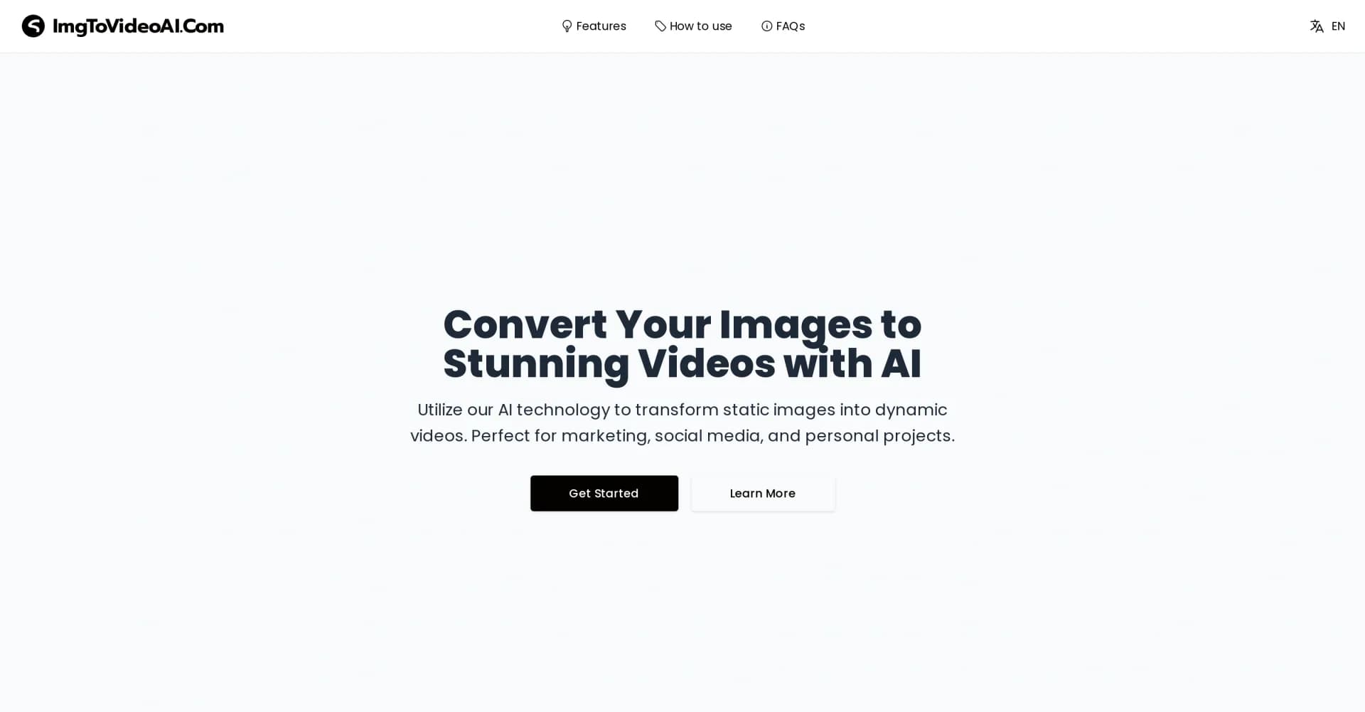ImgToVideoAI homepage screenshot — Transform images into stunning videos with AI