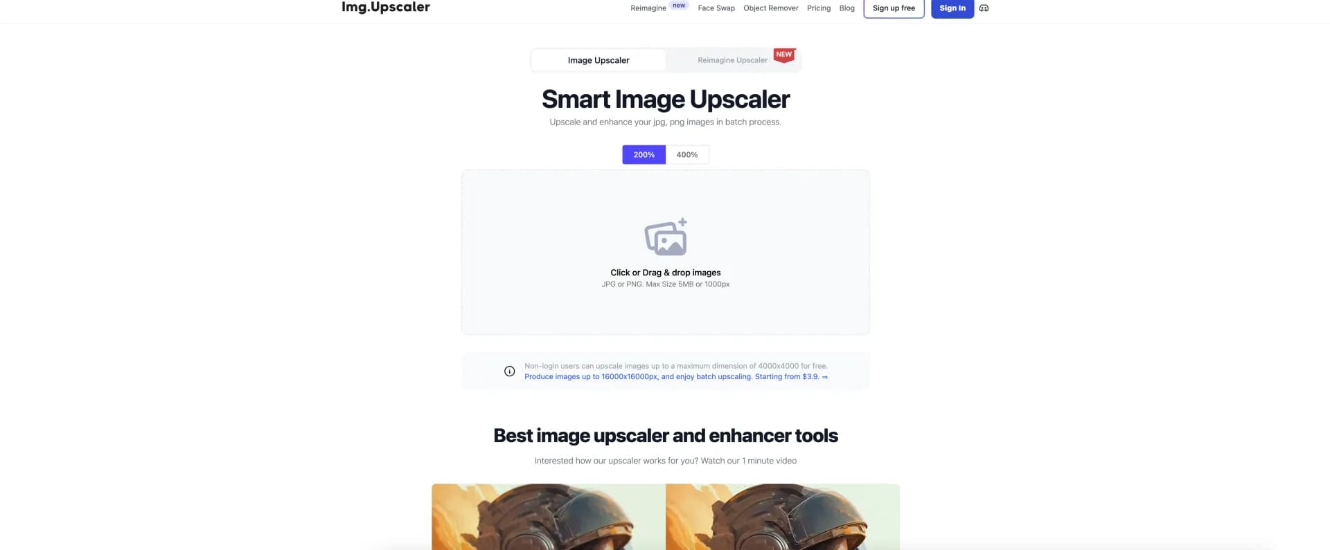 AI Image Upscaler homepage screenshot — Upscale images by 400% without quality loss