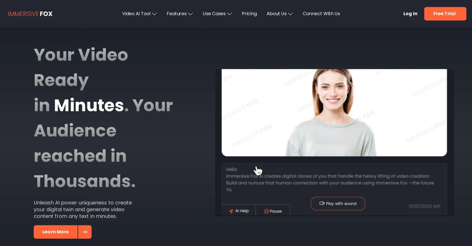 Immersive Fox homepage screenshot — Create AI videos with your digital twin in minutes.