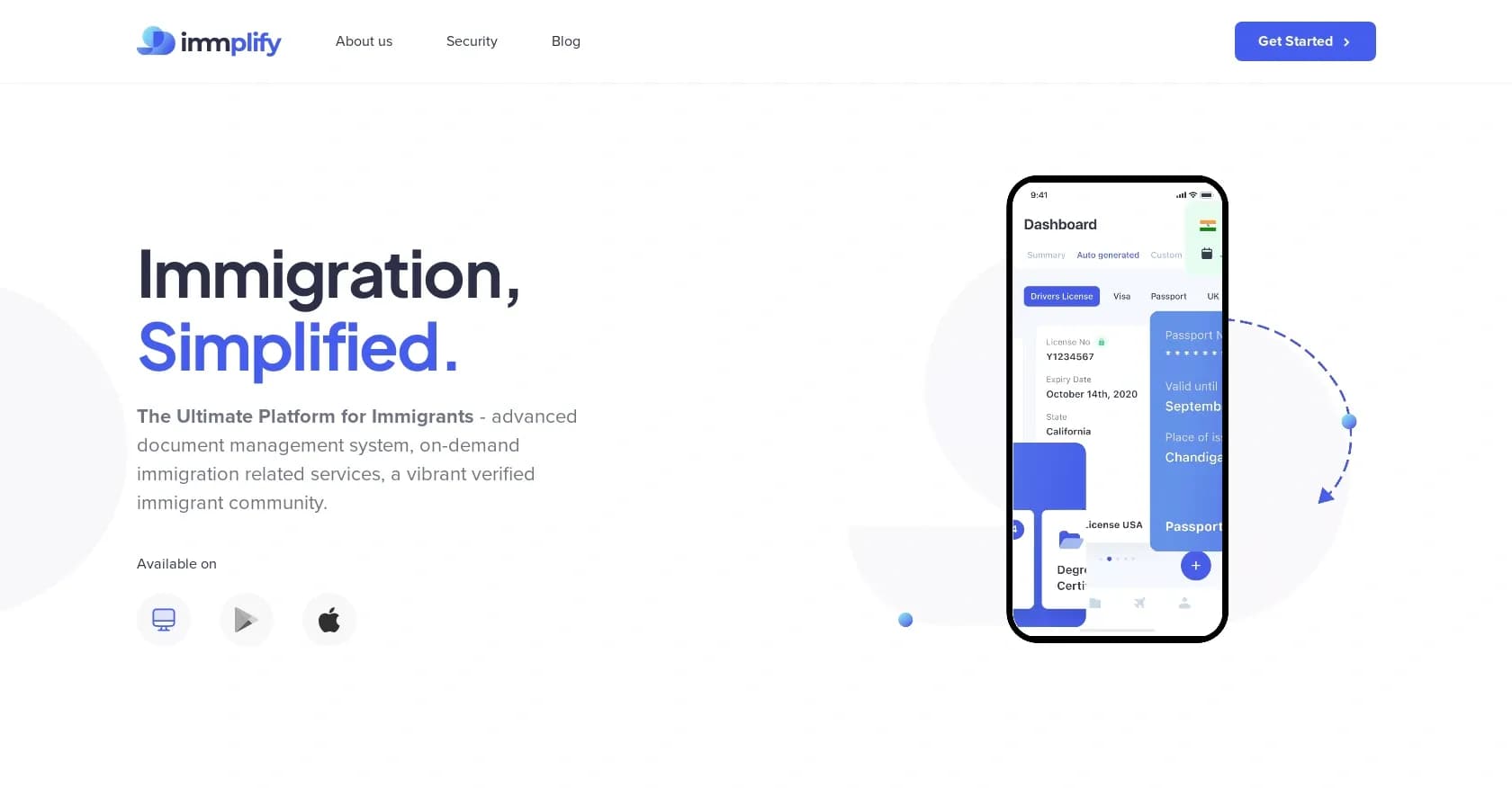 Immplify homepage screenshot — Simplify immigration with AI-powered document management