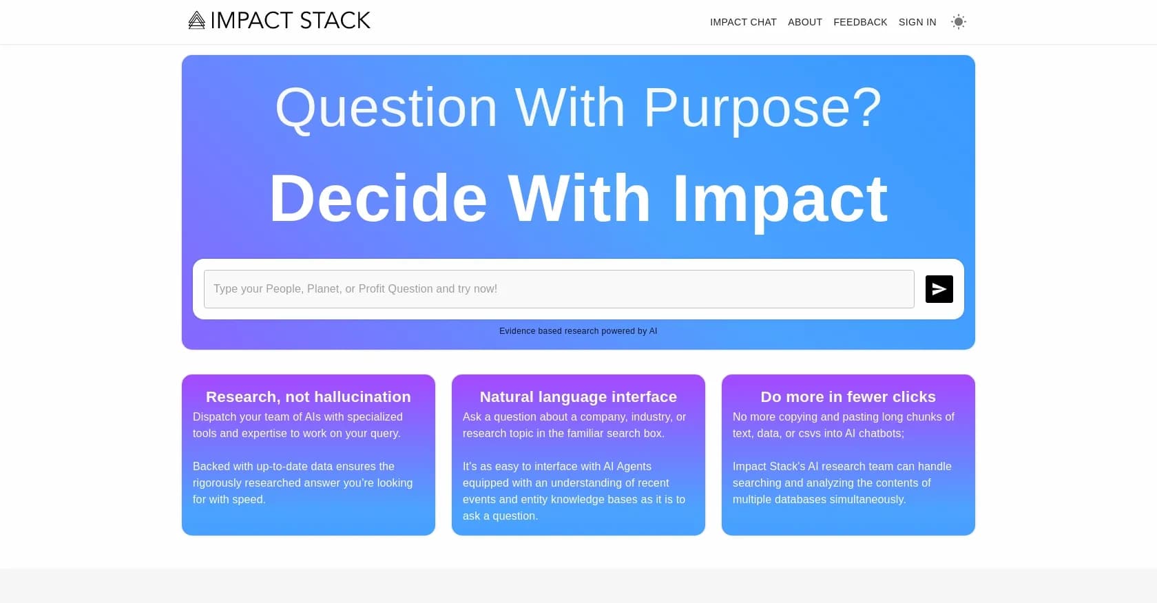 Impact Stack homepage screenshot — AI-powered impact analysis for evidence-based decisions.