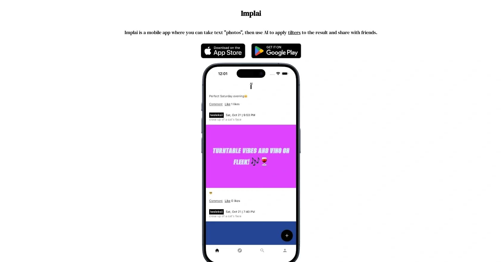 Implai App homepage screenshot — Turn text photos into AI-filtered social shares.