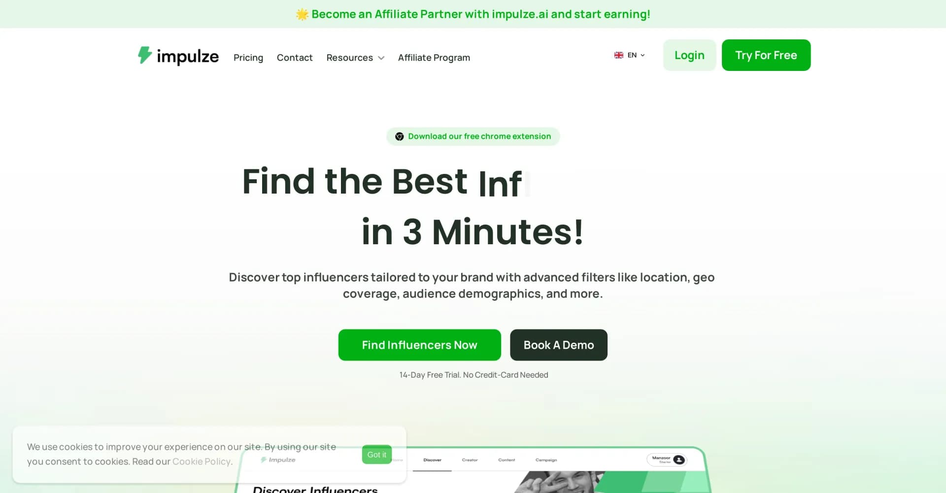 Impulze homepage screenshot — Discover top influencers for your brand in minutes.