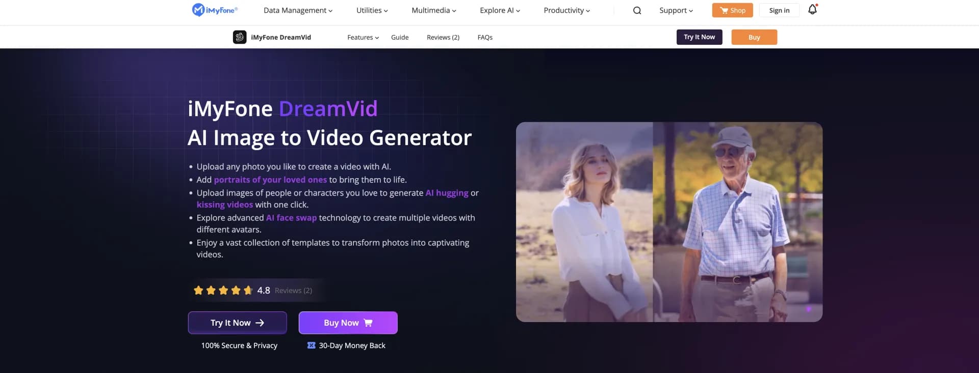 iMyFone DreamVid homepage screenshot — Transform photos into animated videos with AI magic.