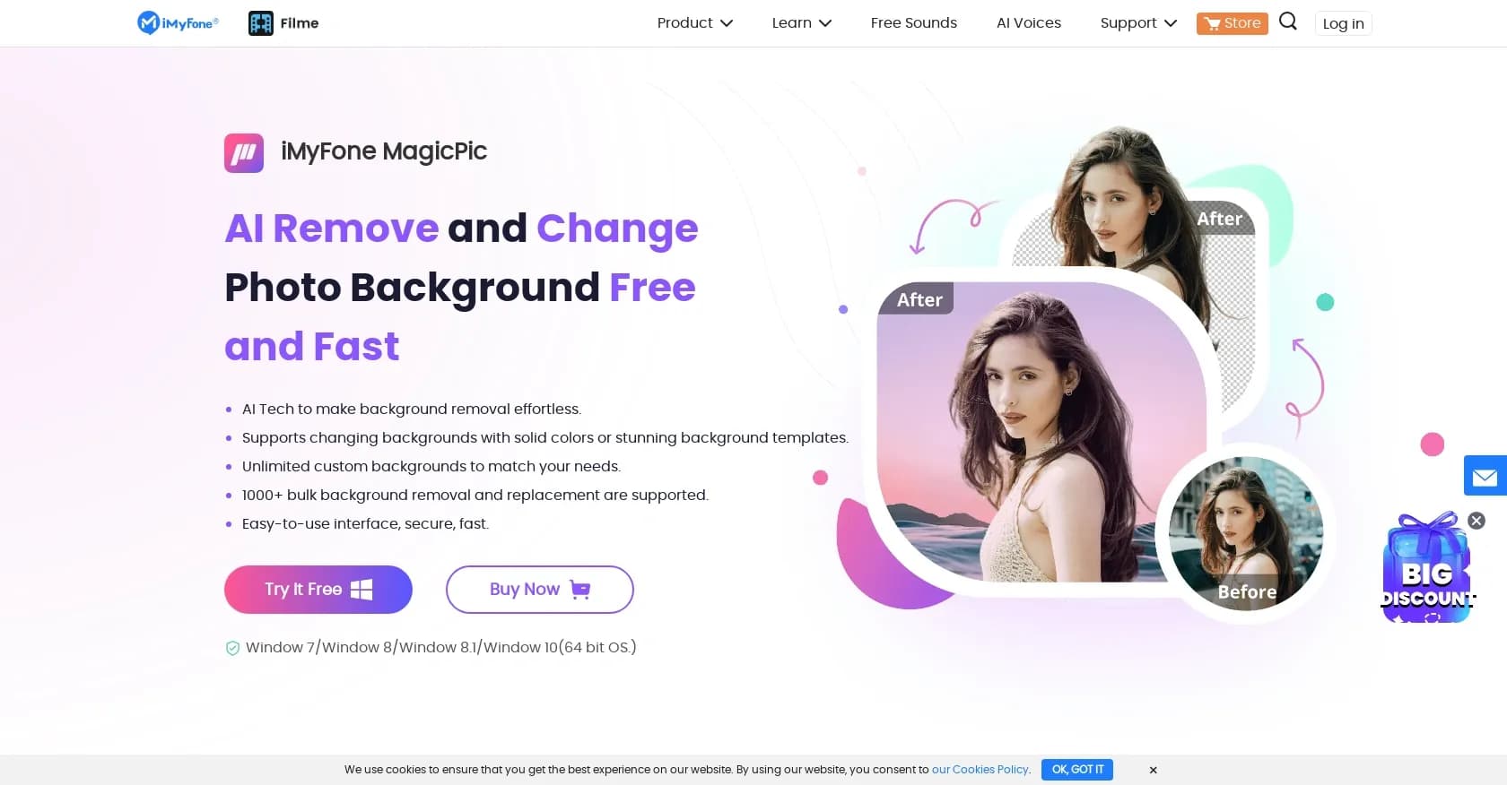 iMyFone MagicPic homepage screenshot — AI-powered background removal and replacement made easy.