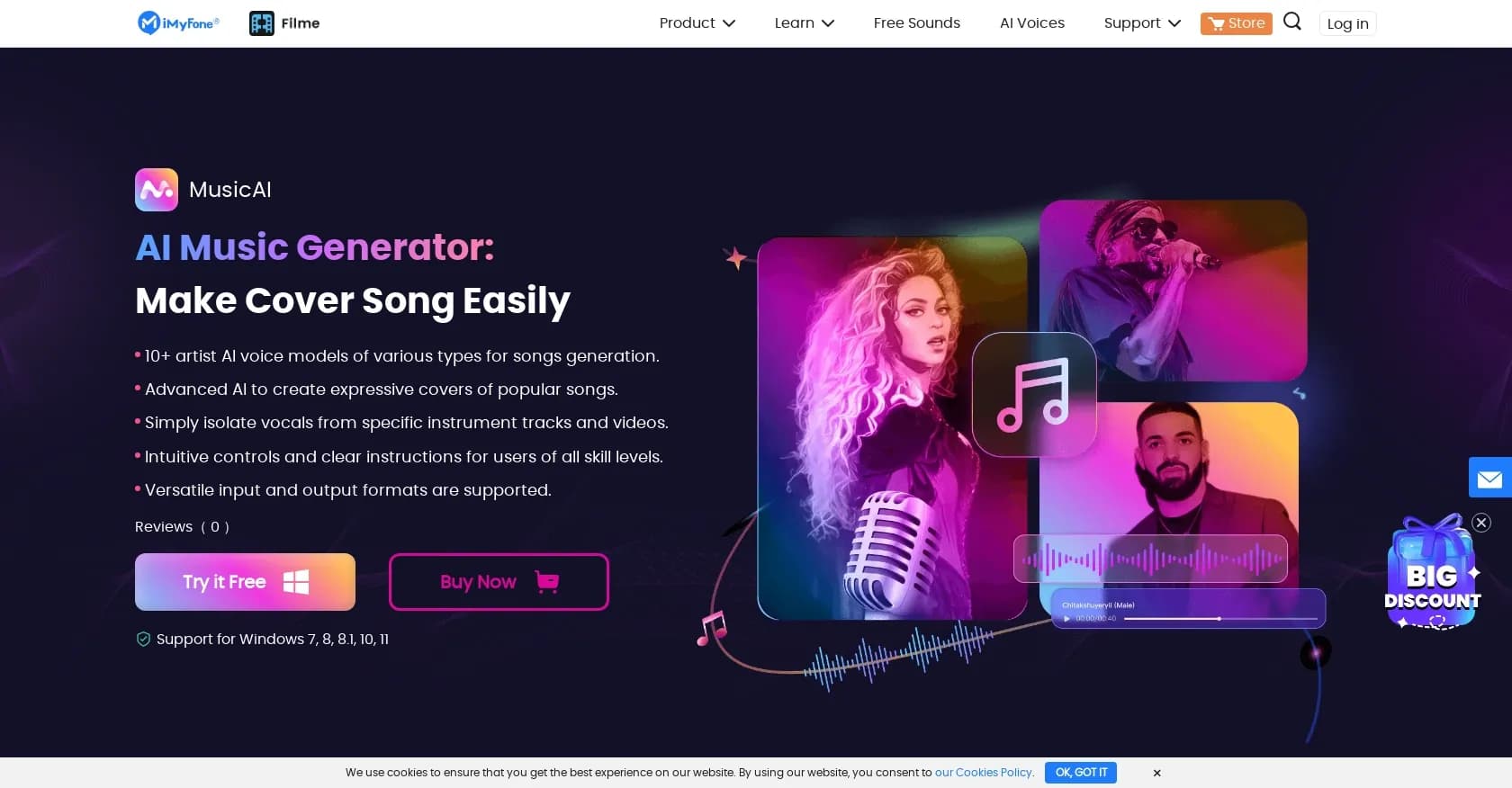 iMyFone MusicAI homepage screenshot — Create unique AI-generated songs and covers effortlessly