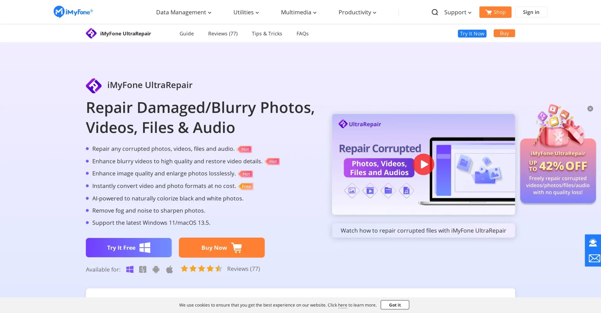 iMyFone UltraRepair homepage screenshot — Repair corrupted files with ease.