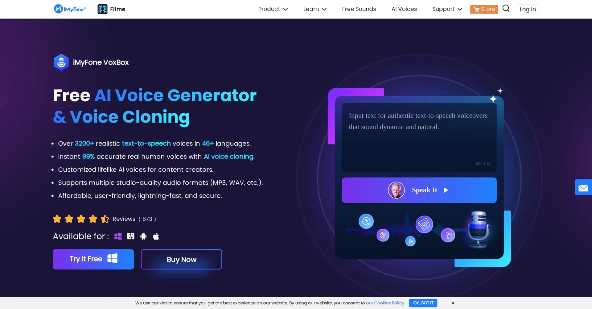 iMyFone VoxBox homepage screenshot — Generate AI voiceovers with advanced text-to-speech and voic