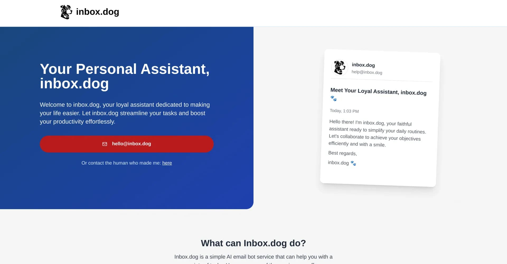 Inbox Dog homepage screenshot — Your loyal AI email assistant for business tasks.