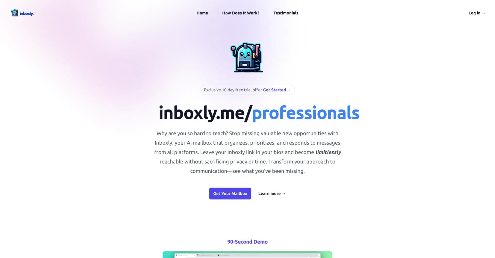 Inboxly homepage screenshot — A Shareable URL Mailbox with in-built AI Assistant