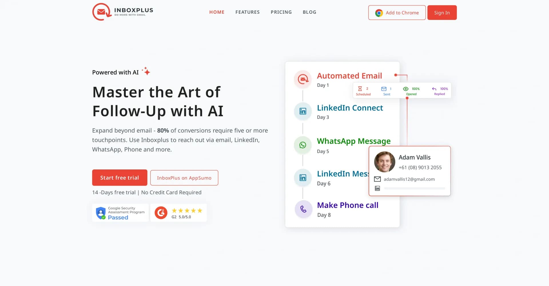 InboxPlus homepage screenshot — Master the art of follow-up with AI