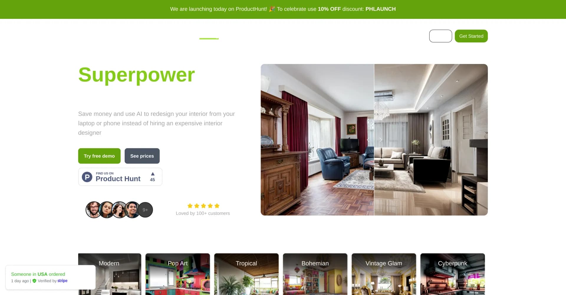 Indesignify homepage screenshot — Redesign your interior in seconds with AI.