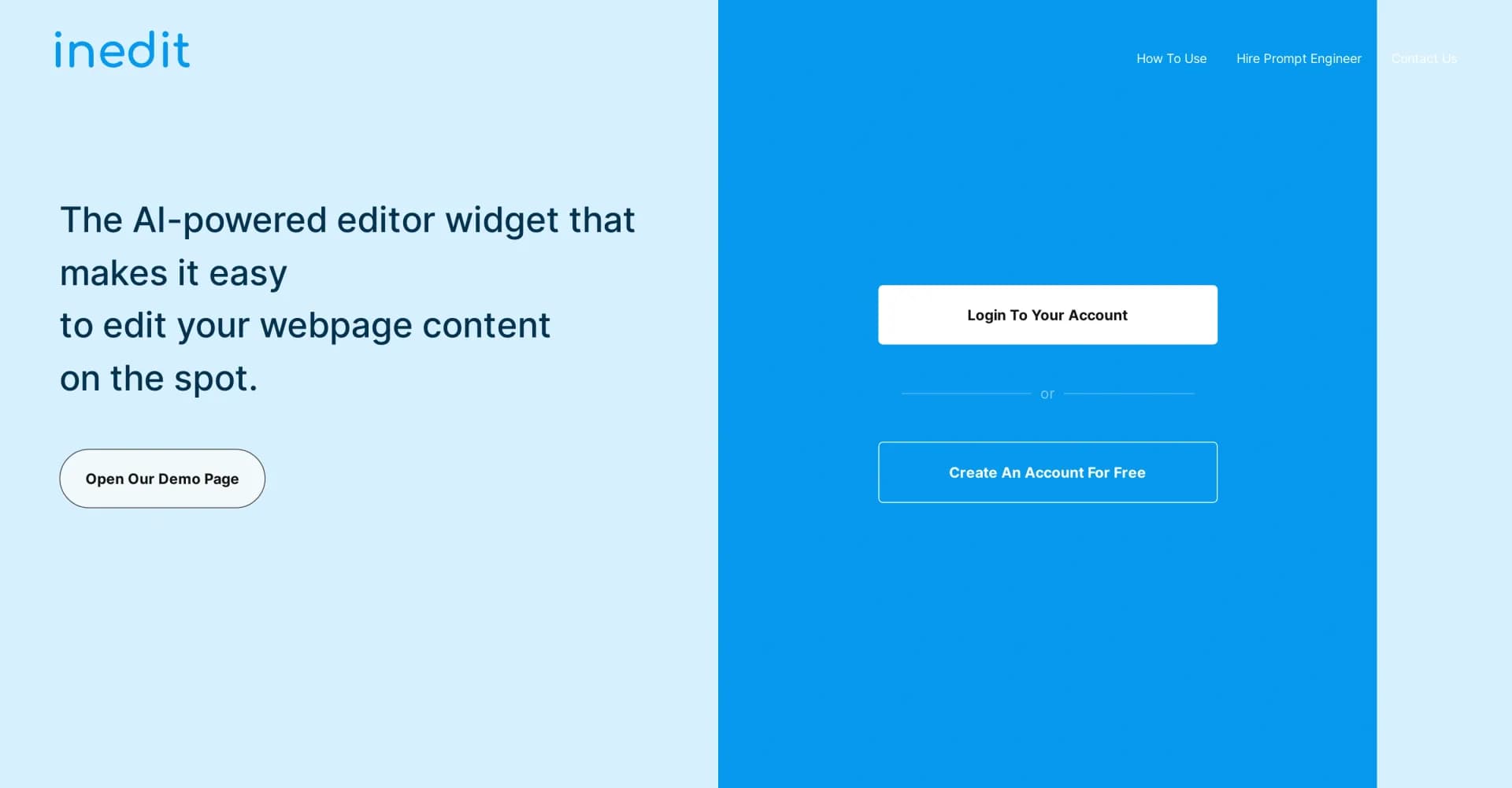 Inedit homepage screenshot — AI-powered widget for instant webpage editing