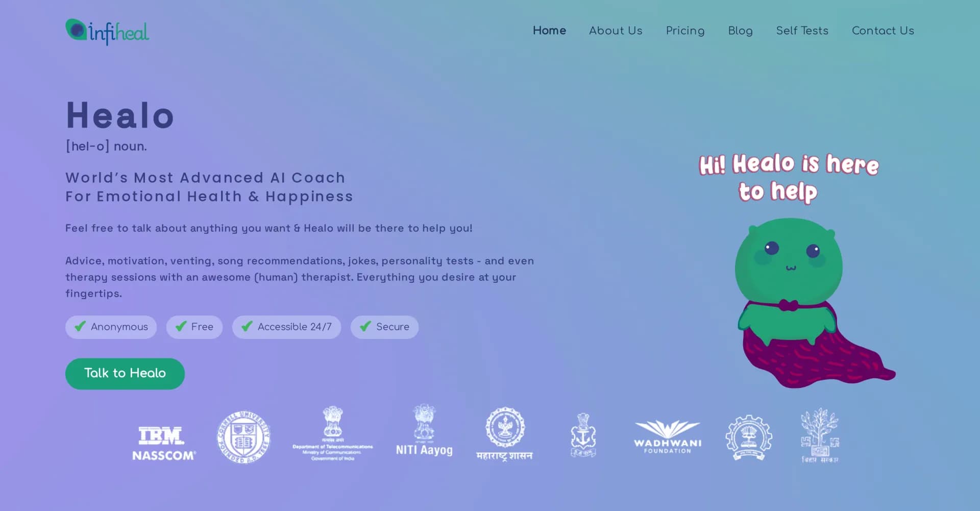 InfiHeal homepage screenshot — Your AI mental health coach, anytime, anywhere.