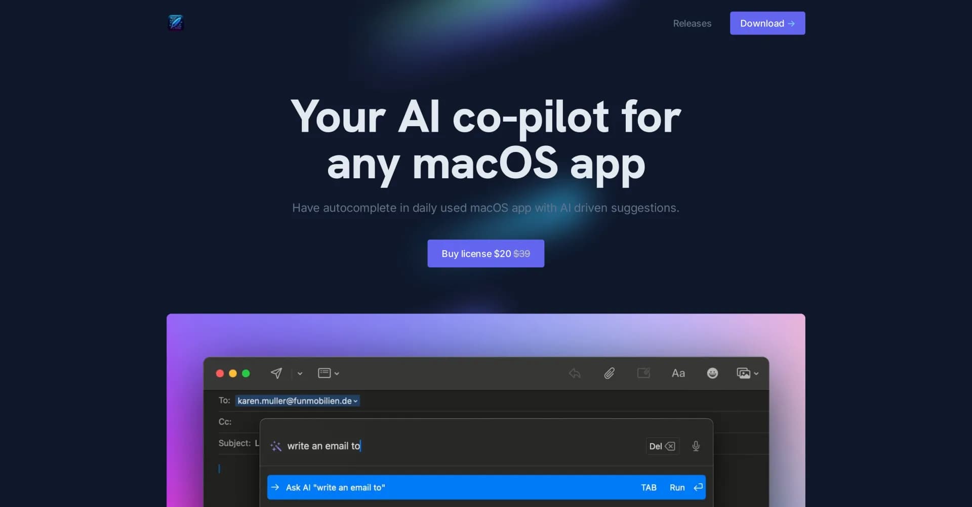 InfinipilotAI homepage screenshot — Your AI co-pilot for any macOS app