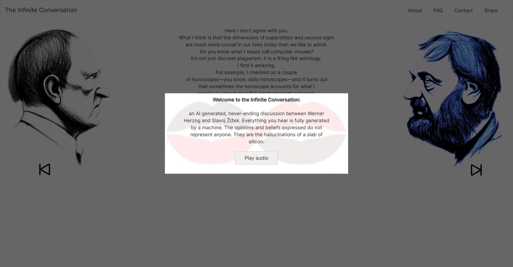 Infiniteconversation homepage screenshot — AI-generated endless dialogue between Herzog and iek
