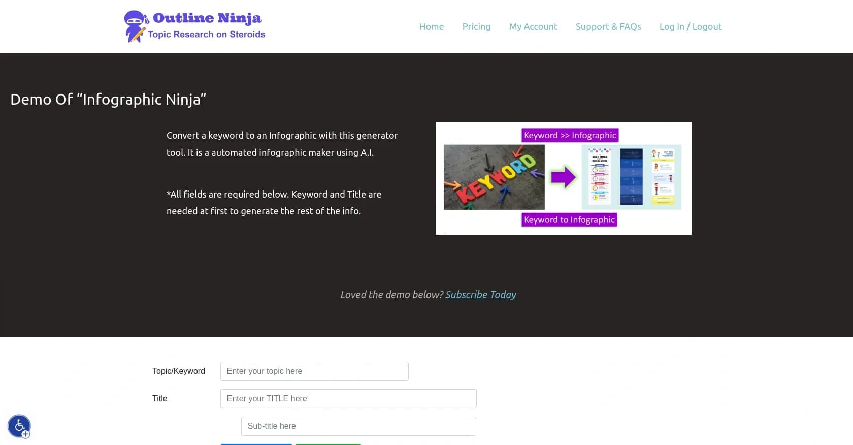 Infographic Ninja homepage screenshot — Generate infographics from keywords instantly.
