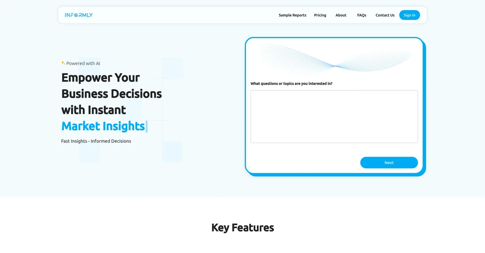 Informly homepage screenshot — Empower decisions with fast, AI-driven insights.