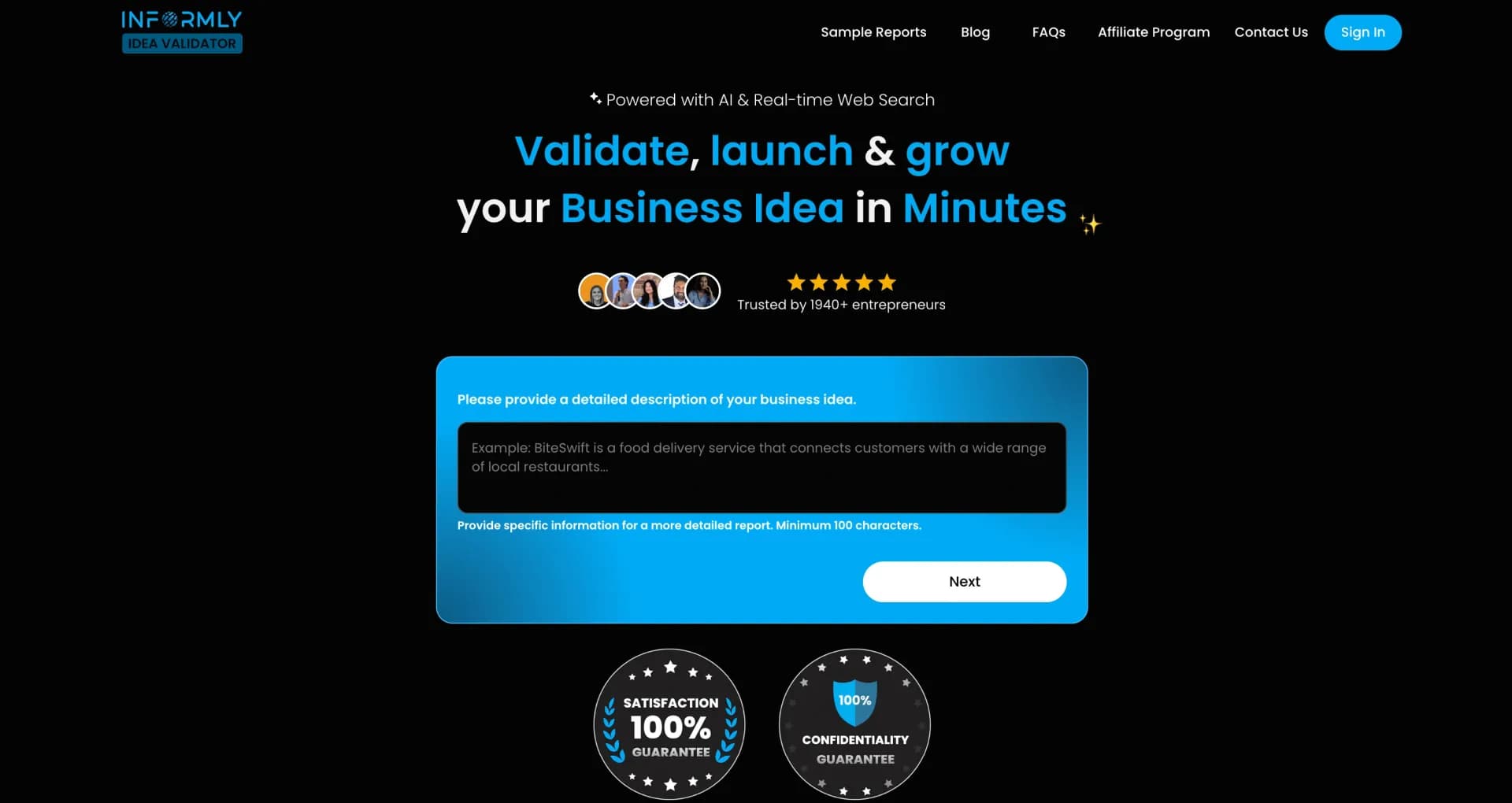 Informly Idea Validatorv2.5 homepage screenshot — Validate and grow your business idea with AI.
