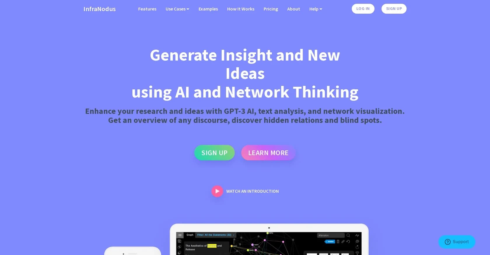 InfraNodus homepage screenshot — Visualize text as networks for powerful insights.